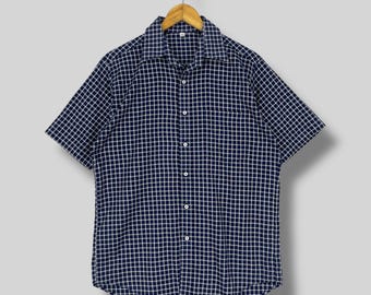 Vintage Y2K UNIQLO Checkered Flannel Medium Plaid Checkered Board Blue Hipster Boho Boyfriend Shirt Casual Oxfords Button Up Shirt Size M