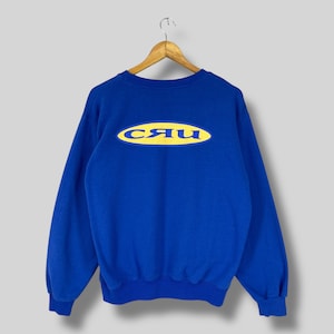 Vintage 90&#39;s CRU DESIGN Crewneck Sweatshirt Medium Cru Design Usa Spellout Big Logo Printed Beach Surfing Blue Pullover Sweater Size M