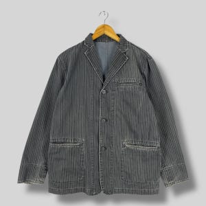 Vintage 1990s OPEN DICH Denim Jacket Medium Union Made Workwear Pinstripe Denim Distressed Jeans Casual Frenchwork Jacket Button Up Size M