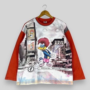 Vintage WOODY WOODPECKER Pullover Jumper Medium 1990s Winnie Woodpecker Cartoon Over Print Sweater Woody Pecker Orange Sweatshirt Size M
