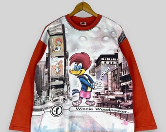 Vintage WOODY WOODPECKER Pullover Jumper Medium 1990s Winnie Woodpecker Cartoon Over Print Sweater Woody Pecker Orange Sweatshirt Size M