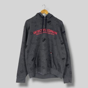 Vintage 90's DETECTIVE CONAN Pullover Hoodie Xlarge Japanese Manga Series Anime Cartoon All Over Print Detective Conan Gray Sweater Size XL
