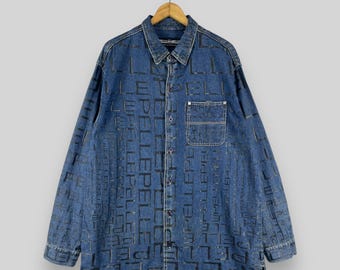 Vintage 90's PELLE PELLE Marc Buchanan Denim Jacket Large Pelle Pelle Hip Hop Clothing Monogram Workwear Blue Jeans Button Up Jacket Size L