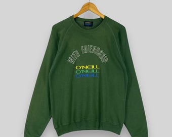 Sudadera de cuello redondo vintage de los años 90 de ONEILL, ropa deportiva con bordado Spellout de Oneill, suéter verde descolorido de Oneill California Surfing, talla M