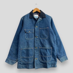 Vintage 80&#39;s SEARS Chore Denim Jacket Medium Workwear Blanket Lined Heavy Cold Weather Jacket Four Pocket Heavy Denim Coats Buttons Size M
