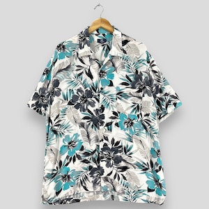 Vintage GEORGE Hawaii Shirt Large 90&#39;s Hawaiian Beach Floral Hibiscus Flower Sunwear Beach Party Shirt Buttondown Rayon Oxford Size L