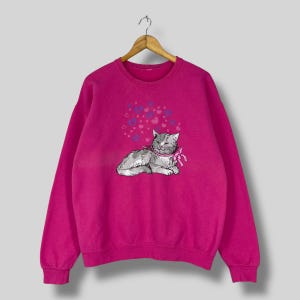 Vintage Y2K Cat Animal Crewneck Sweatshirt Large Adorable Loving Cat Animal Printed Sportswear Cat Pink Pullover Sweater Size L