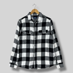 Vintage GEORGE Flannel Shirt Medium Y2K Plaid Checkered Board Black/White Double Pocket Minimalist Hipster Boyfriend Shirt Button Up Size M