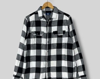 Vintage GEORGE Flannel Shirt Medium Y2K Plaid Checkered Board Black/White Double Pocket Minimalist Hipster Boyfriend Shirt Button Up Size M