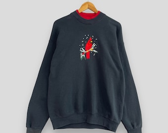 Vintage RED CARDINALS Crewneck Sweatshirt Medium Y2K Cardinal Bird Wildlife Habitat Animal Embroidery Cardinal Black Sweater Pullover Size M