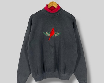 Vintage Y2K RED CARDINALS Sweatshirt Crewneck Large Cardinal Bird Habitat Animal Embroidery Cardinal Faded Black Sweater Pullover Size L