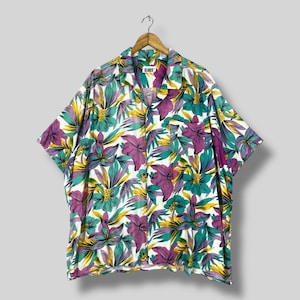 Vintage 90s ISLANDER Hawaii Floral Shirt Oversized Hawaiian Aloha Hibiscus Flower Motive Multicolor Beachwear Button Up Rayon Shirt Size XXL