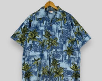 Vintage 90's GO BAREFOOT Hawaii Button Up Shirt Large Hawaiian Tropical Okinawa Beach Surf Coconut Tree Motive Printed Aloha Shirt Size L