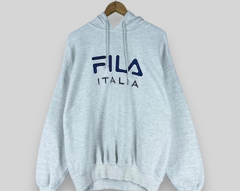 FILA ITALIA Pullover Hoodie Medium Vintage 1990s Fila Big Logo Spell Out Embroidery Sportswear Fila Sport Gray Baggy Sweater Hoodie Size M