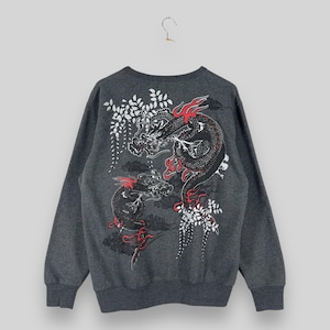 Vintage 90&#39;s Japanese SUKAJAN Crewneck Sweatshirt Large Dragon Tora Evil Demon Spirit All Over Printed Sukajan Souvenir Gray Sweater Size L