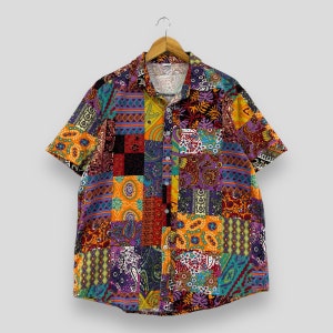 Vintage 90&#39;s Flower Paisley Shirt Medium Abstract Patchwork Flower Paisley Multicolor Reconstruct Flannel Button Up Polyester Shirt Size M