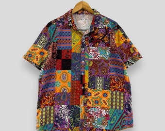 Koszula Vintage 90's Flower Paisley Medium Abstract Patchwork Flower Paisley Multicolor Reconstruct Flanelowa koszula z guzikami z poliestru Rozmiar M