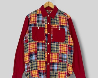 Chemise en flanelle avec patchwork multicolore, taille moyenne, vintage Y2K, colorée Unique à carreaux, manches raglan, double poche, reconstruction boutonnée, taille M