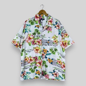 Vintage Y2K GEORGE Hawaii Shirt Large Hawaiian Aloha Island Beach Tropical Floral Printed Sunwear Aloha Wear Rayon Shirt Button Up Size L