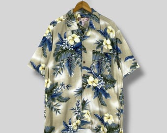 CARRIBEAN JOE Hawaii Shirt Medium Vintage Y2K Hawaiian Honolulu Beach Tropical Hibiscus Flower Motive Printed Button Up Rayon Shirt Size M