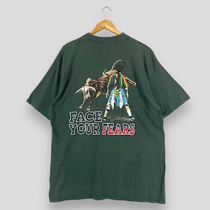 Vintage 90&#39;s WRANGLER Tshirt Xlarge Wrangler Cowboy Face Your Fears Spell Out Printed Tshirt Wrangler Made In Usa Faded Green Tees Size XL