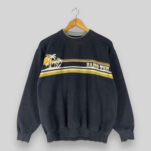 ヴィンテージ 90 年代 HANG TEN クルーネック スウェットシャツ ミディアム アロハ パイプライン ハワイアン ビーチ サーフィン スポーツウェア ハングテン フェード ブラック ティーン セーター サイズ M