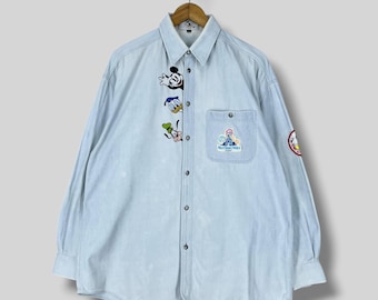 Vintage 90's Mickey & Co Denim Shirt Xlarge Walt Disney Family World Studios Patch Embroidered Light Wash Jeans Button Up Shirt Size XL