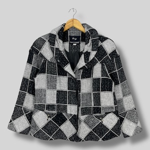 Vintage 1990s FVP Checkered Jacket Small Designer Franca V. Paoloni Plaid Checkered Black/Gray Casual Open Collar Wool Coat Women Size 44