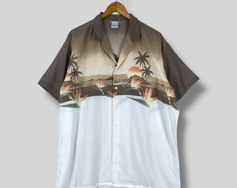 SUNFORCE Hawaii Rayon Shirt Xlarge Vintage 90's Hawaiian Sunset Mountain Island Beach View Printed Sunwear Button Up Aloha Shirt Size XL