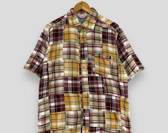 chemise vintage en flanelle à carreaux patchwork des années 1990, moyenne des années 1990 à carreaux tartan multicolore reconstruction reconstruire chemise boutonnée en flanelle taille M