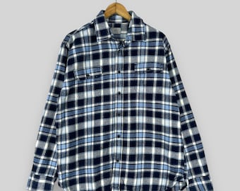 Vintage Y2K Jachs Checkered Flannel Large Plaid Blue Tartan Double Pocket Minimalist Thick Boyfriend Shirt Indie Boho Button Up Shirt Size L
