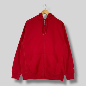 Vintage RUSSELL Athletic Plain Hoodie Xlarge Y2K Blank Red Distressed Casual Style Sweater Sportswear Zip Up Red Sweater Hoodie Size XL