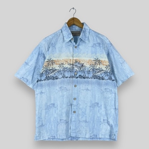 MAGELLAN Sportswear Hawaii Shirt Medium Vintage Y2K Hawaiian Beach Island Ocean Sword Fish Motive Button Up Beach Party Shirt Size M
