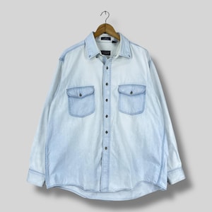 Vintage Y2K Roundtree & Yorke Denim Button Up Shirt Xlarge Distressed Light Washed Denim Oversized Streetwear Button Up Shirt Size XL