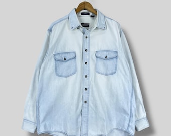 Vintage Y2K Roundtree & Yorke denim button-up shirt xlarge verontruste licht gewassen denim oversized streetwear button-up shirt maat XL