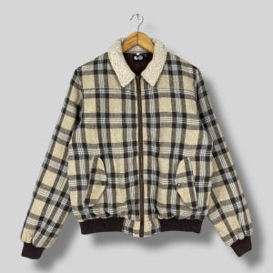 Vintage Y2K CHEAP MONDAY Bomber Jacket Small Plaid Checkered Tartan Brown Cold Weather Sherpa Collar Wool Bomber Style Jacket Casual Size S