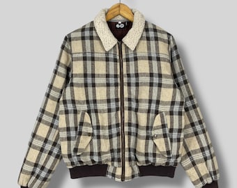 Vintage Y2K CHEAP MONDAY Bomber Jacket Small Plaid Checkered Tartan Brown Cold Weather Sherpa Collar Wool Bomber Style Jacket Casual Size S