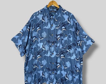 Vintage Y2K PURITAN Hawaii Rayon Shirt Übergroße Hawaiianische Abstrakte Marine Wildlife Marlin Fisch Gedruckt Button Up Aloha Wear Shirt Größe 3XL