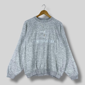 Vintage TRUSSARDI Italy Crewneck Sweatshirt Xlarge 90&#39;s Trussardi Jeans Spellout Big Logo Embroidery Trussardi Pullover Gray Sweater Size XL
