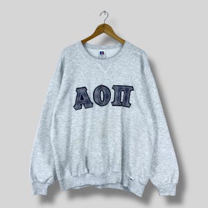 Vintage 90&#39;s AON University Crewneck Sweatshirt Xlarge Russell Athletic Spellout Embroidery University Apparel Gray Pullover Sweater Size XL