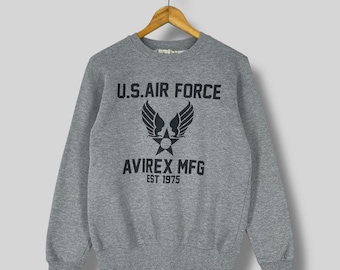 Moletom vintage AVIREX com gola redonda, tamanho médio, da Força Aérea dos EUA, Avirex Mfg, logotipo grande, estampado, suéter militar cinza Avirex, tamanho M