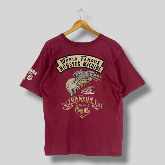 Vanson, Vintage 1990s VANSON COTTONS Motorcycle Tshirt Medium Vanson World Famous Monster Machine Back Hit Embroidery Vanson Burgundy Tee Size M