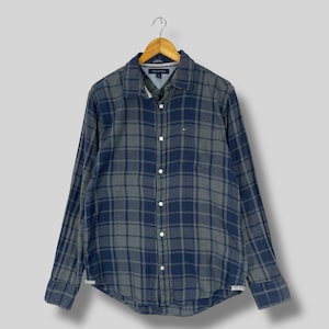 TOMMY HILFIGER Checkered Flannel Medium Vintage Y2K Plaid Blue/Gray Minimalist Boyfriend Shirt Tommy Custom Fit Button Up Flannel Size M