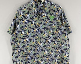 Vintage 90's Aloha Wear Shirt Oversized Hawaiian Abstract Aloha Tropical Floral Rhinoceros Hornbill Buttondown Hawaii Shirt Size 2XL