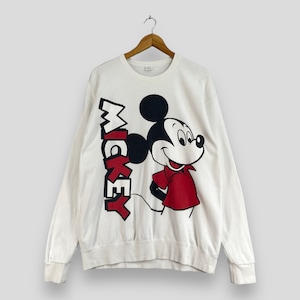 MICKEY MOUSE Crewneck Sweatshirt Large Vintage Y2K Walt Disney Mickey Mouse Cartoon Spellout Mickey Disneyland Pullover White Sweater Size L