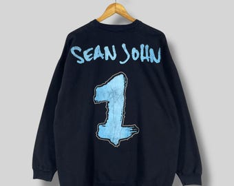 SEAN JOHN Crewneck Sweatshirt Xlarge Vintage 1990s Sean John Hip Hop Rapper Spell Out Printed Wu Tang Clans Nwa Black Sweater Size XL