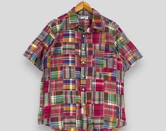 Vintage Y2K HARVARD Custom Patchwork flanelle à carreaux moyen tartan à carreaux multicolore Reconstruct Boro flanelle chemise boutonnée taille M
