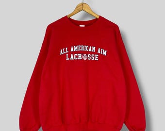 Vintage Y2K LACROSSE Crewneck Sweatshirt Large All American Aim Lacrosse Spellout Printed Sportswear Lacrosse Pullover Red Sweater Size L