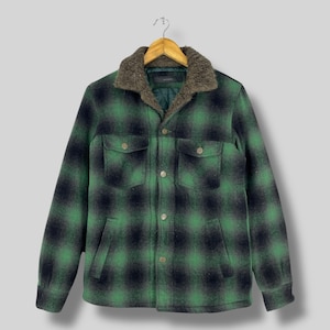 Vintage BACKBONE Flannel Jacket Small Plaid Checkered Shadow Green/Black Cold Weather Fur Collar Wool Puffer Checkered Jacket Buttons Size S