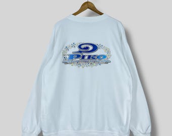 Vintage PIKO Crewneck Sweatshirt Oversized 90's Piko Hawaiian Longboard SurfWear Back Hit Printed Sportswear Pullover White Sweater Size 2XL